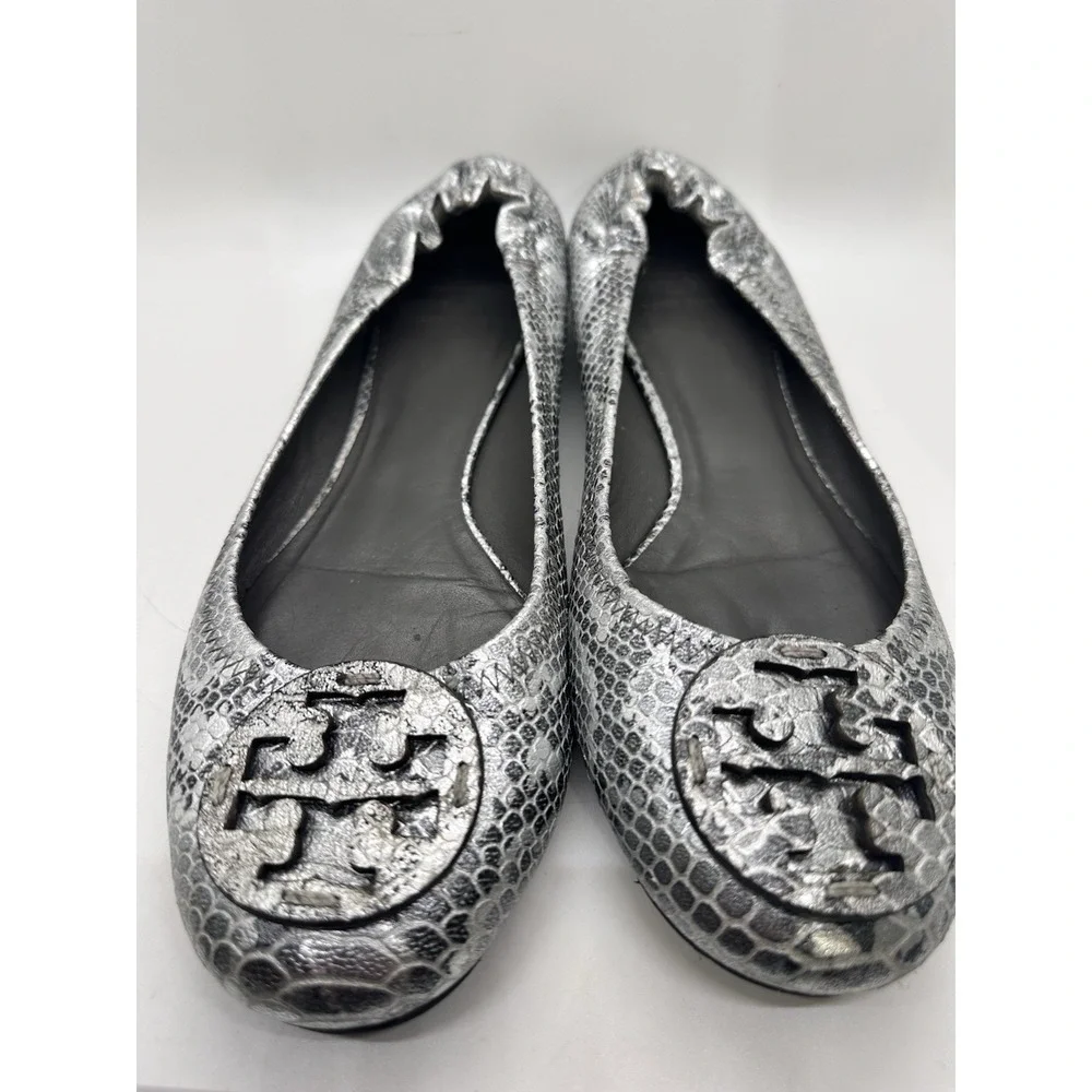 Tory Burch Reva Ballet Flats Silver Metallic Snake Embossed Leather Size 10M